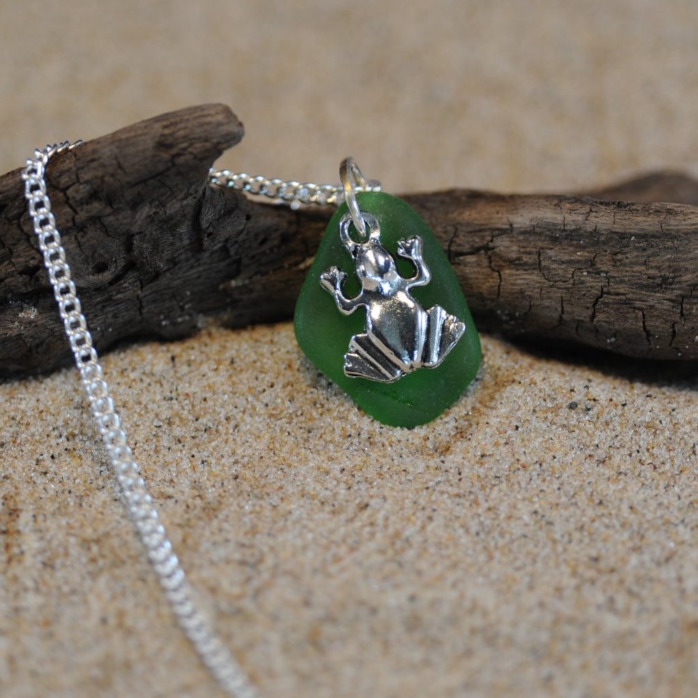 Green Frog Sea Glass Pendant Necklace